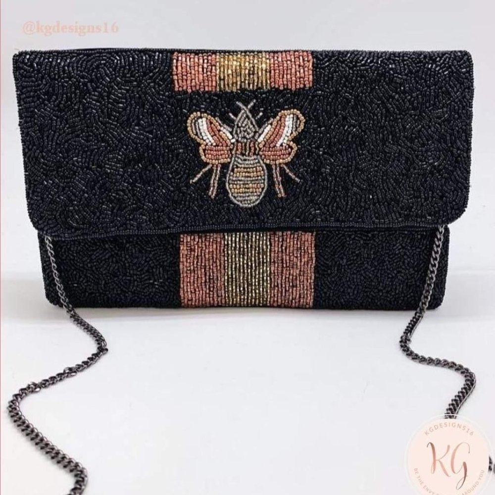 Black And Rose Gold Bee Beaded Cross Body Bag
